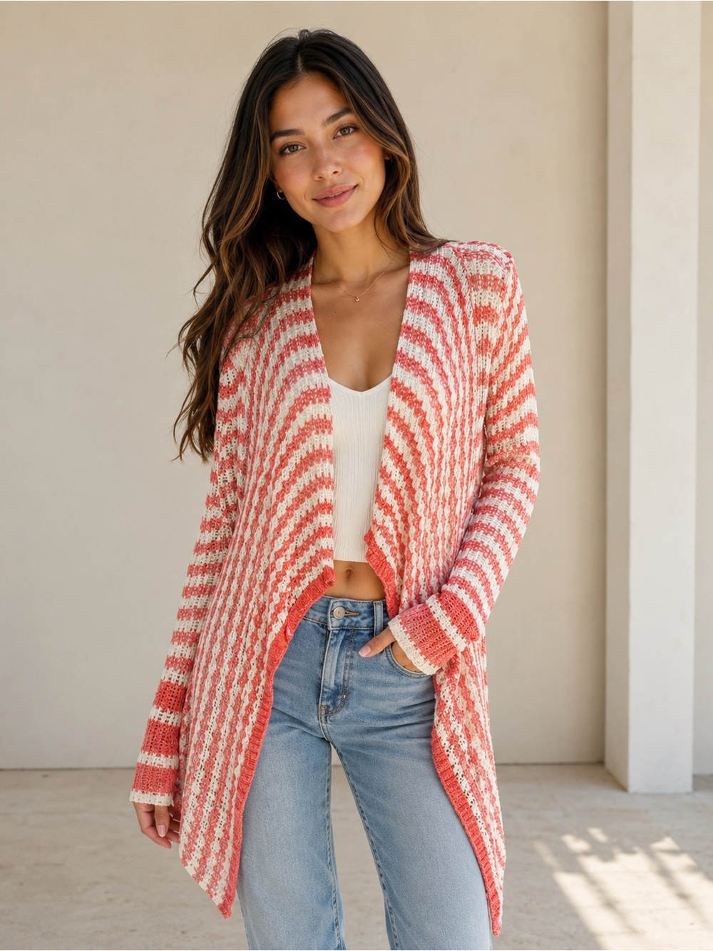 YA Los Angeles Coral & White Open Knit Waterfall Cardigan